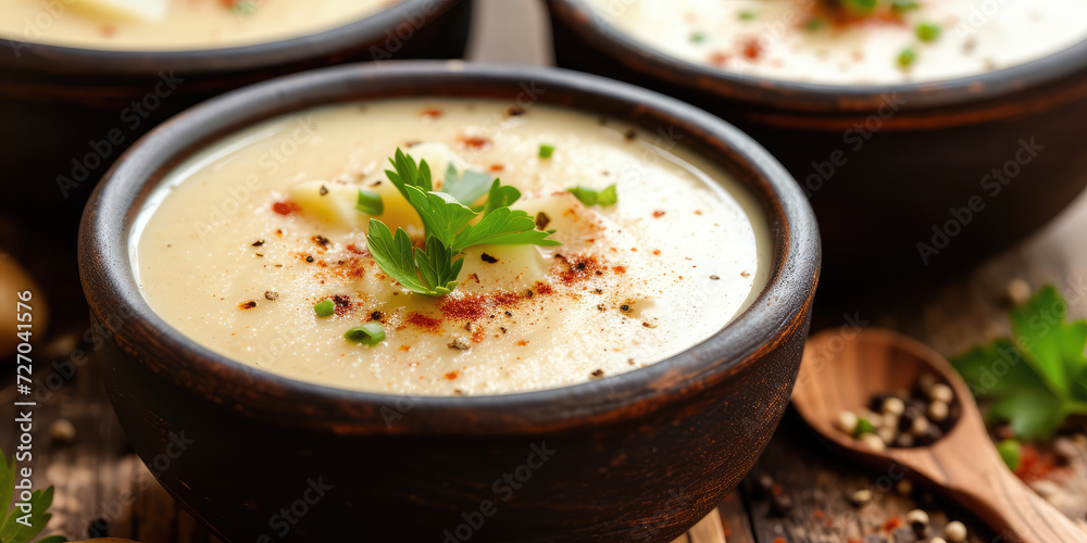 Creamy Potato Soup with Parsley Garnish. Velvety smooth potato puree soup in a bowl, delicately garnished with fresh parsley leaves and cracked black pepper.