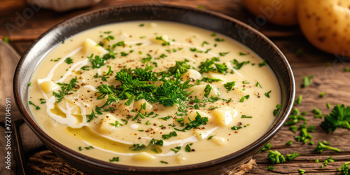 Creamy Potato Soup with Parsley Garnish. Velvety smooth potato puree soup in a bowl, delicately garnished with fresh parsley leaves and cracked black pepper.