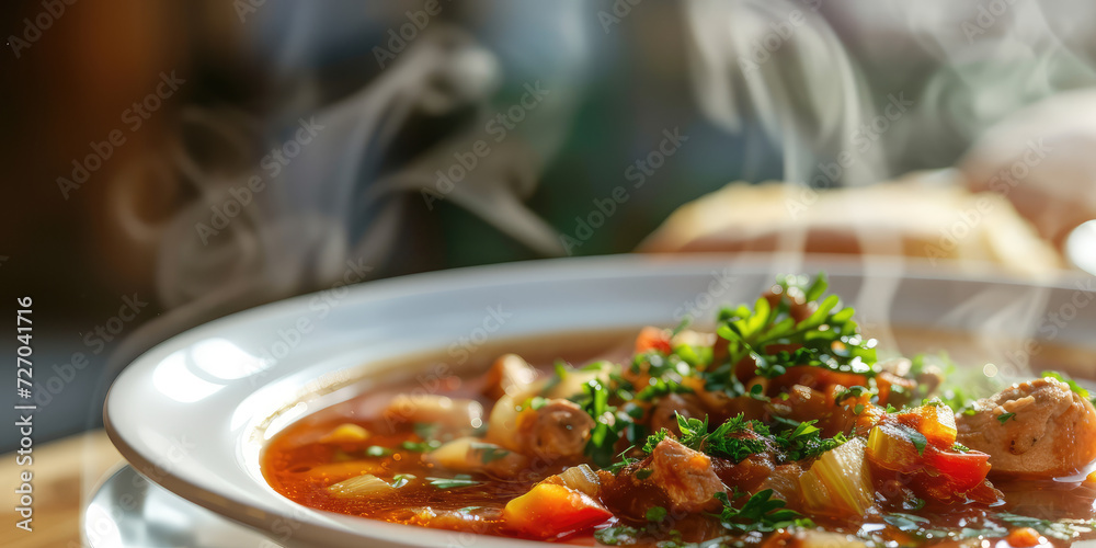 Hearty Goulash Soup in Ceramic Bowl. Savory goulash with tender beef and carrots, garnished with fresh thyme, served in a stylish ceramic bowl. Hearty Goulash Soup in Ceramic Bowl. Savory goulash with tender beef and carrots, garnished with fresh thyme, served in a stylish ceramic bowl.