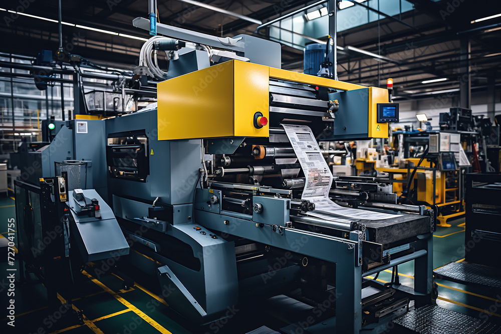 A bustling industrial print shop showcases a large offset printing press operating at full capacity, churning out high-quality printed material.