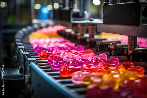 Jelly candies being processed on a sophisticated conveyor belt system in a contemporary manufacturing photo