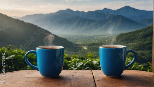 two cups of coffee against the background of mountains