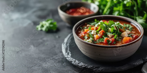 Vibrant Tortilla Soup with Fresh Herbs. Fresh and colorful tortilla soup topped with basil and parsley, served in a bowl on a rustic table, copy space.
