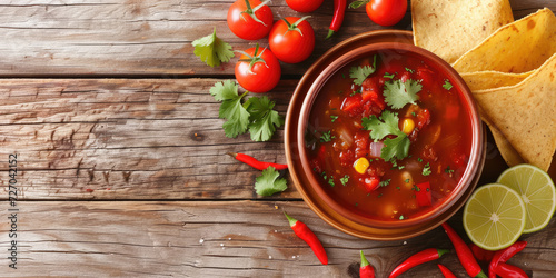 Vibrant Tortilla Soup with Fresh Herbs. Fresh and colorful tortilla soup topped with basil and parsley, served in a bowl on a rustic table, copy space.