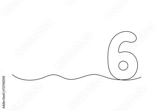 Number six, continuous one line drawing. Black hand drawn single minimalist line isolated number. Vector line figure