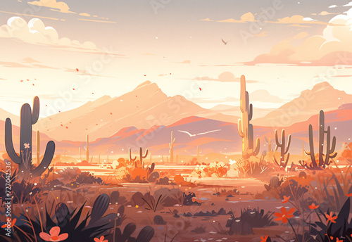 Vast desert desert sunset scenery, desert travel adventure scene illustration