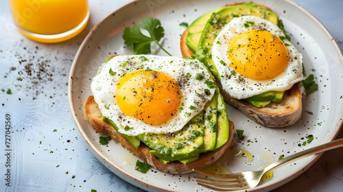 seasoning avocado toast on plate light green spots, the order is toast on the bottom, avocado slices, then sunny side up eggs on top, good composition, photo for the restaurant menu,