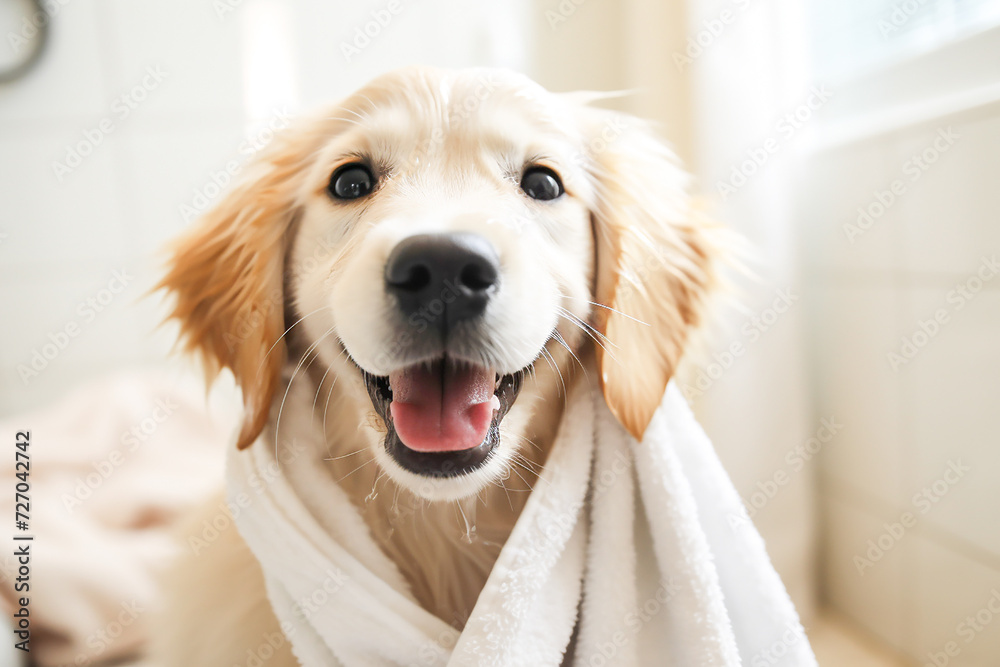 A cute dog with a white towel on his back lies on the bed and looks at the camera with a happy expression.
