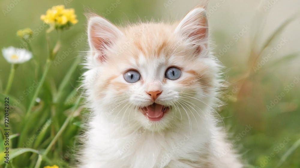 Pretty kitten in a meadow; sweet nature and a spectacularly cute background.