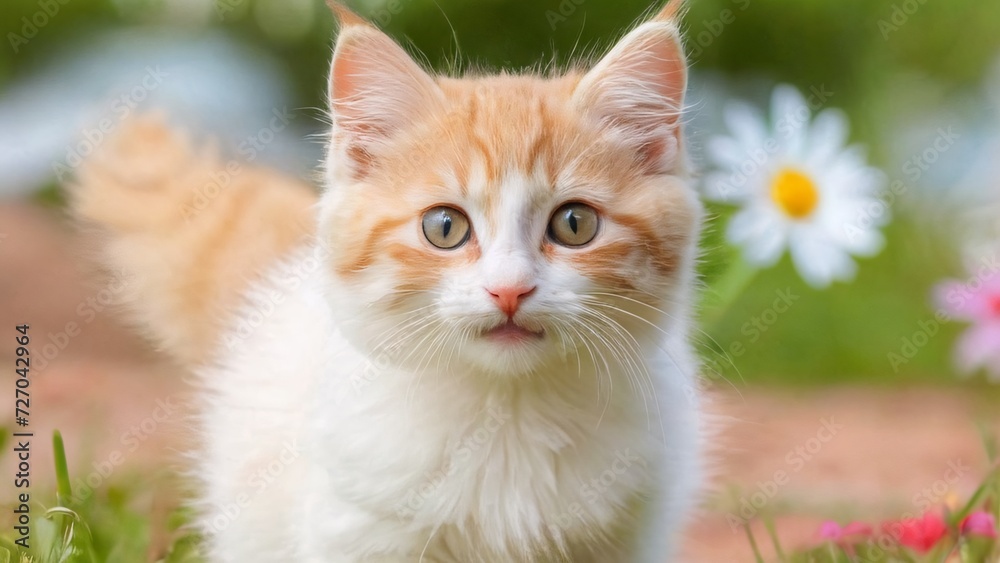 Spectacularly cute cat on a beautiful spring lawn; adorable flowers in a meadow.