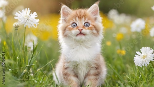 Wonderful cat in a spring meadow; sweet flowers on a spectacularly green lawn.