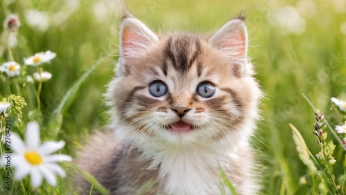 Adorable kitty in an outdoor scene; sweet grass creates a wonderful summer backdrop.