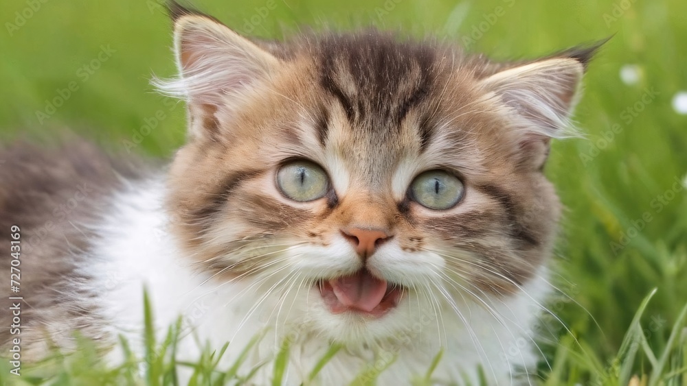 Adorable kitty in a summer meadow; sweet grass and flowers on a green background.