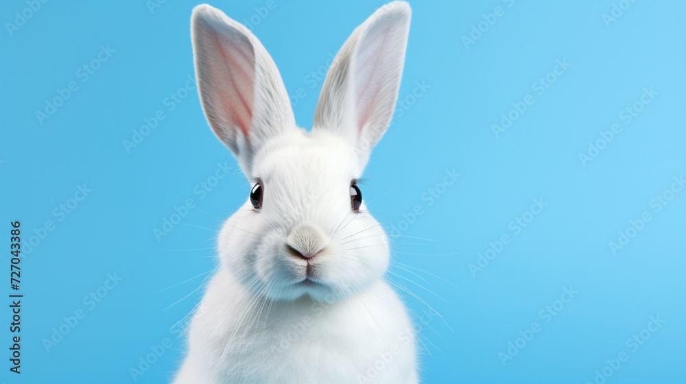 studio portrait of a white domestic pet rabbit against a blue background
