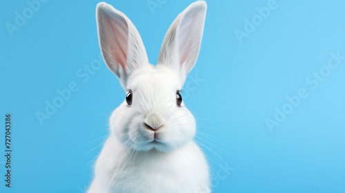 studio portrait of a white domestic pet rabbit against a blue background