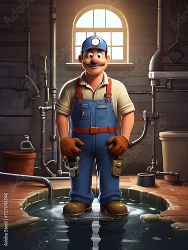 cartoon plumber standing in front of a drain