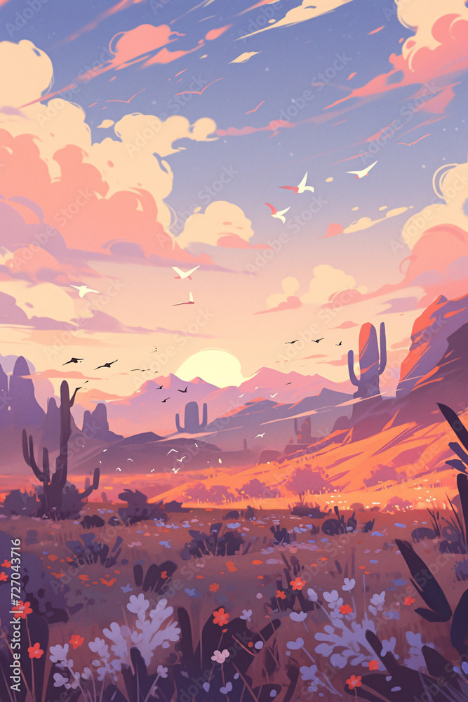 Fototapeta premium Vast desert desert sunset scenery, desert travel adventure scene illustration