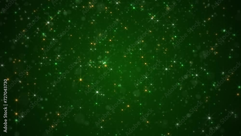 Irish colors background with shiny glittering green, white and gold stars and particles. Glitzy elegant celebration party animation. Abstract luxury Saint Patrick's Day background.
