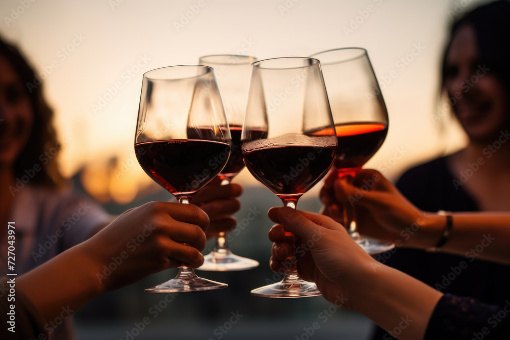 People clinking glasses with wine on the summer terrace of cafe or restaurant People clinking glasses with wine on the summer terrace of cafe or restaurant