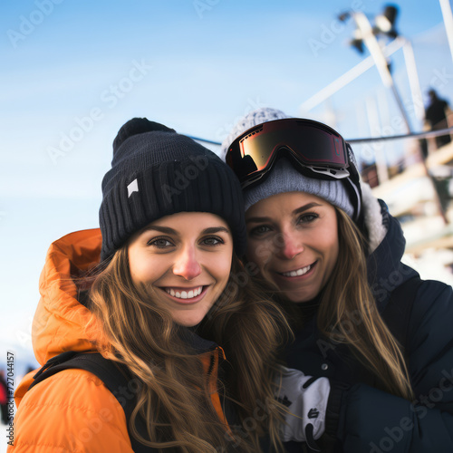 Portrait of two happy women friends smiling in a winter holiday on a background of snow. Concept of ski, snowboard, cold, snowy, winter day. 