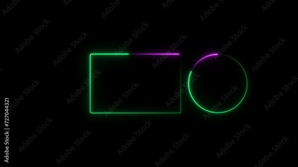 Rectangle and circle neon light frame turquoise, purple color illustration. Black background UHD 4k illustration.
