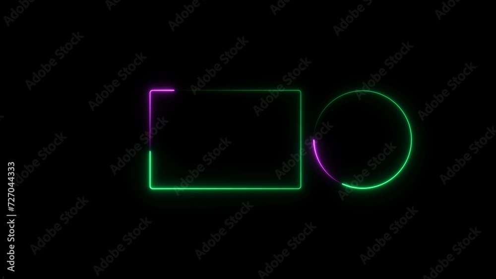 Rectangle and circle neon light frame turquoise, purple color illustration. Black background UHD 4k illustration.