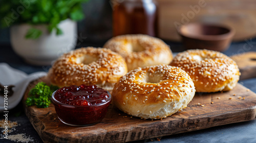 Freshly baked bagels with a creamy and luscious cheese cream spread, topped with dollops of flavorful jam. A mouthwatering combination of savory and sweet, these homemade delights are perfec photo