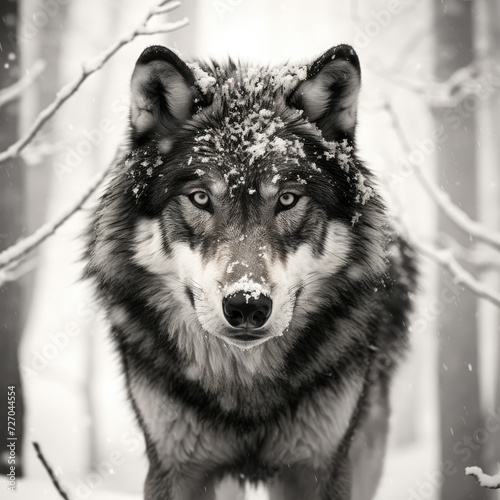Silhouette of an alone gray wolf in winter on a snowy forest background. Concept of wild animal  hunter  wild life  nature  