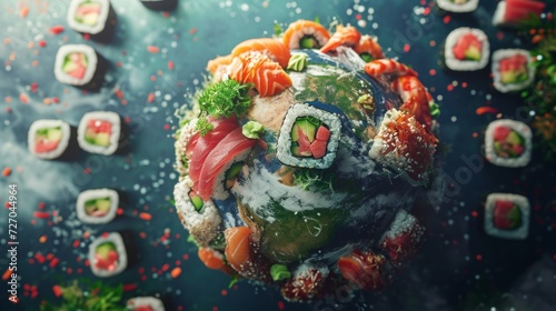 Planet earth made of sushi. View from space to earth. Sushi universe © Vladimir