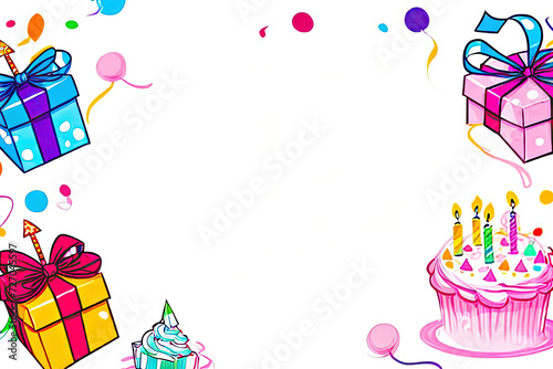 Birthday postcard with space for text in the center of the frame. The picture shows gifts  sweets  balloons and a cake.