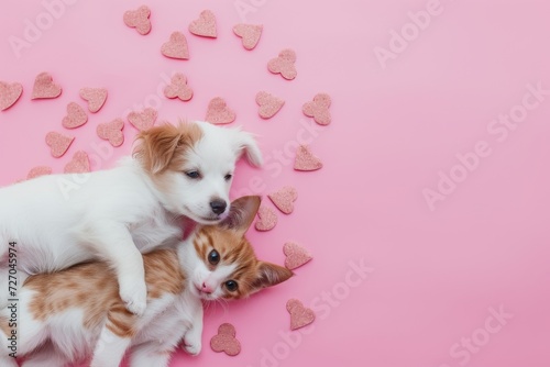 cute Dog and cat rescue and adoption holliday background, pink background, decorated with hearts For Valentine's Day