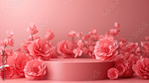 Wallpaper Mural Premium podium with pink roses on pink background, Showcase for product, perfume, jewelry and cosmetic presentation, copy space on February 14, March 8, Valentine, generative ai Torontodigital.ca