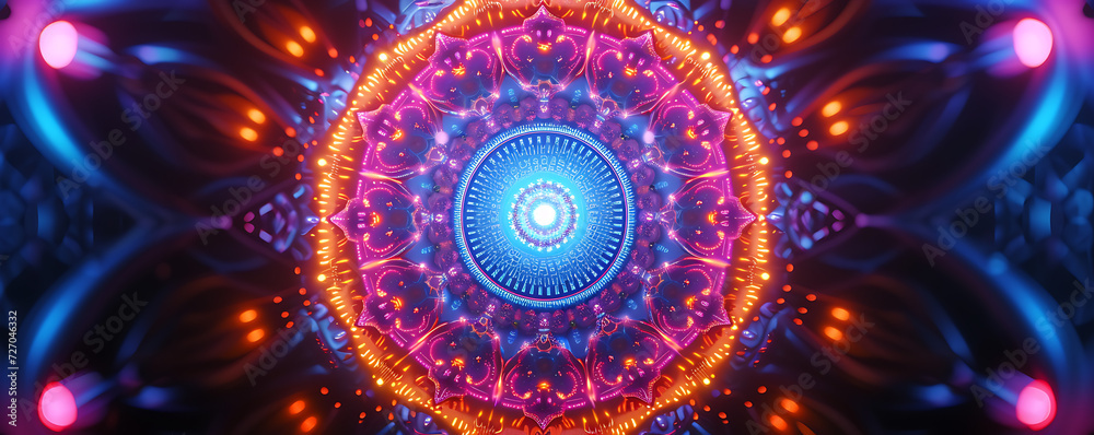 Naklejka premium 3D render of a neon-lit mandala, with intricate patterns and vibrant colors converging to form a symbol of cosmic unity and harmony.