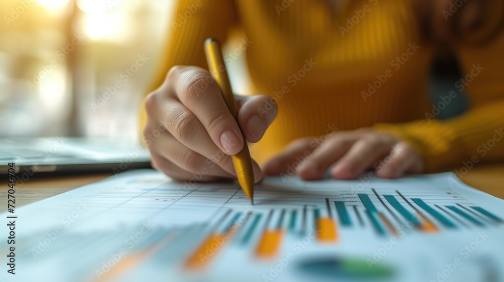 Close up of Hand business woman holding pen pointing on summary report chart and calculate finance, generative ai Close up of Hand business woman holding pen pointing on summary report chart and calculate finance, generative ai