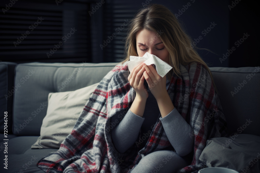 Beautiful woman with flu sneezes into a paper napkin Beautiful woman with flu sneezes into a paper napkin