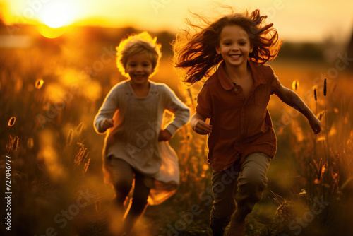 Two happy little kids running after each other