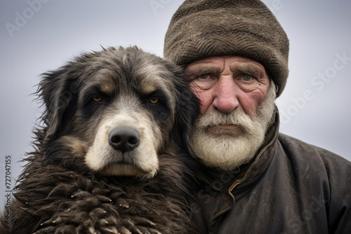 Man with a white beard and a winter hat with his shepherd dog looking ahead ready to begin his pastoral work. Nomadic lifestyle and disappearing profession. Generativa Ai © lensofcolors