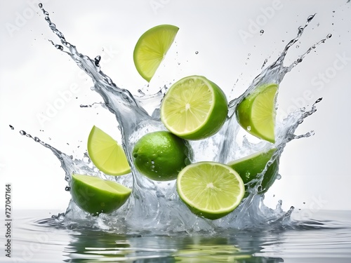 Photo fresh green lemon with water splash and leaves on white background.