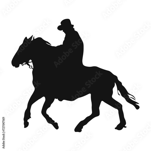 Cowboy or bandit from the American west while sitting on a horse. Contour silhouette of a cowboy riding a horse  vector illustration isolated on a white background.