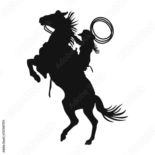 Cowboy or bandit from the American west while sitting on a horse. Contour silhouette of a cowboy riding a horse, vector illustration isolated on a white background.