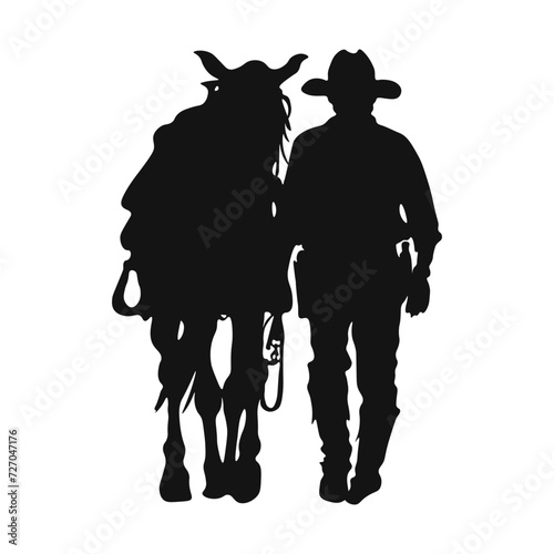 Cowboy or bandit from the American west while sitting on a horse. Contour silhouette of a cowboy riding a horse, vector illustration isolated on a white background.