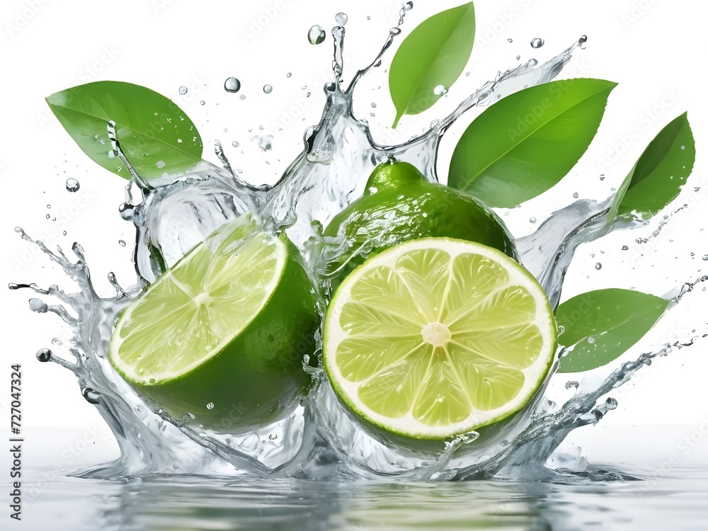 Photo fresh green lemon with water splash and leaves on white background. Photo fresh green lemon with water splash and leaves on white background.
