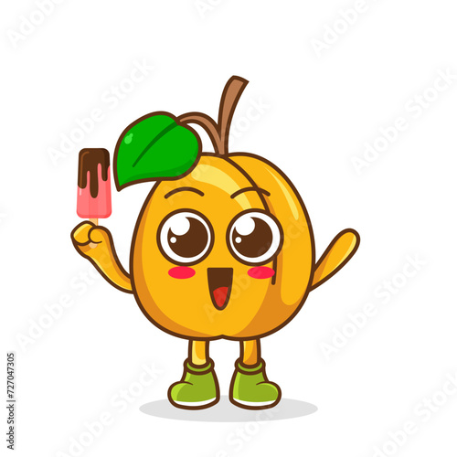 Cute smiling cartoon style apricot fruit character holding in hand ice cream, popsicle.