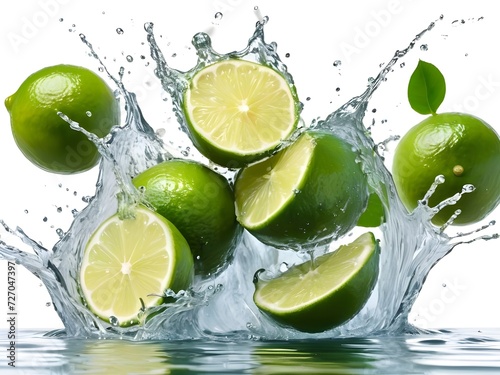 Photo fresh green lemon with water splash and leaves on white background.