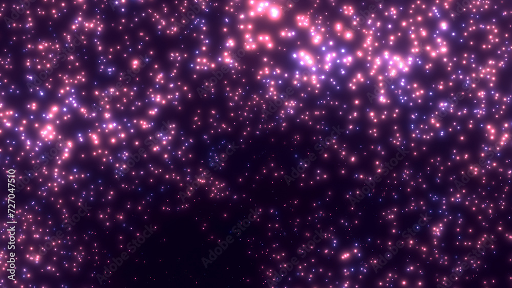 Abstract festive background with shining stardust texture. Glowing pink and purple particles on black backdrop 8K. Explosion of glistering dust. Magic night, party vibes, shiny celebration. Dots flow