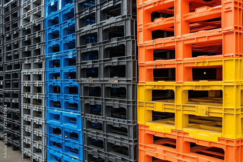 Pile of plastic shipping pallet. Industrial plastic pallet stacked at factory warehouse. Plastic pallet rack for export delivery industry. Plastic pallet storage warehouse. Generative AI. Pile of plastic shipping pallet. Industrial plastic pallet stacked at factory warehouse. Plastic pallet rack for export delivery industry. Plastic pallet storage warehouse. Generative AI.