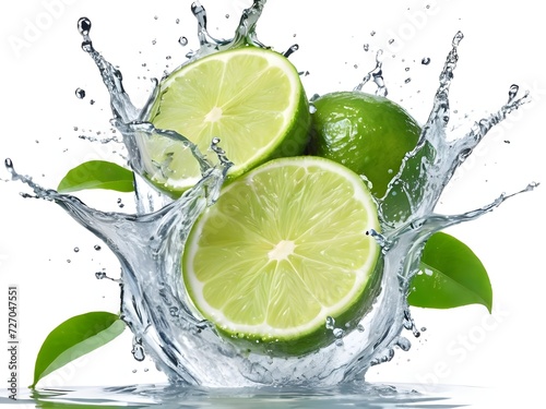 Photo fresh green lemon with water splash and leaves on white background.