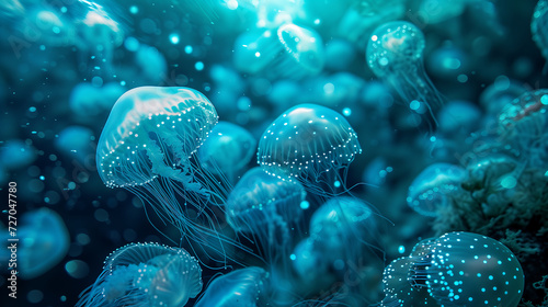 Underwater organisms with blue jellyfish, providing an enchanting and otherworldly atmosphere © Tazzi Art