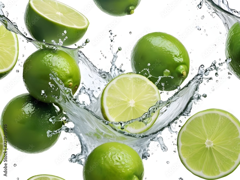 Photo fresh green lemon with water splash and leaves on white background. Photo fresh green lemon with water splash and leaves on white background.