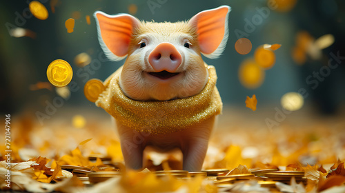 happy piggy bank with falling gold coins, savings and investment concept